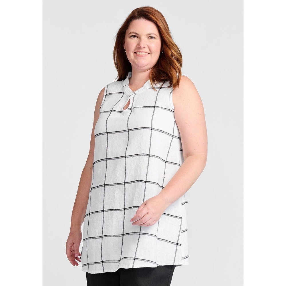 FLAX Women's Linen Tunic Top M White Sleeveless Keyhole Front Windowpane